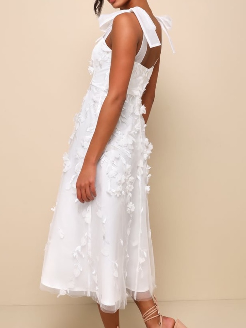 NWOT Lulus White Effortlessly Sweet White Tulle Floral Toe Strap MIDI Dress M - Picture 2 of 5